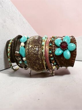 Bohemian Turquoise Beaded Bracelet Stack Leather Wide Cuff Western Bangle Set
